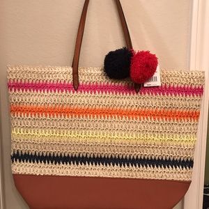 Multi-color striped Pom-Pom Beach tote bag